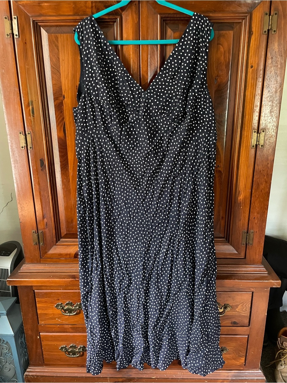 RIXO Black Midi Dress with White Polka Dots